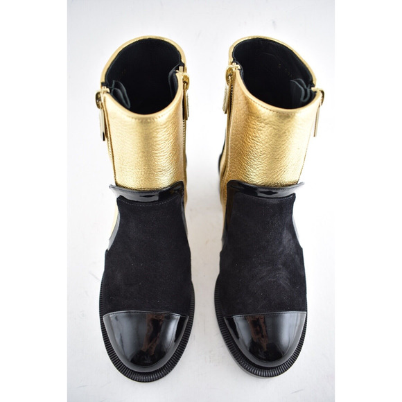 Chanel 18B Gold Black Patent Suede CC Logo Zipper Zip Short Ankle Bootie Boot 35 - Picture 5 of 10